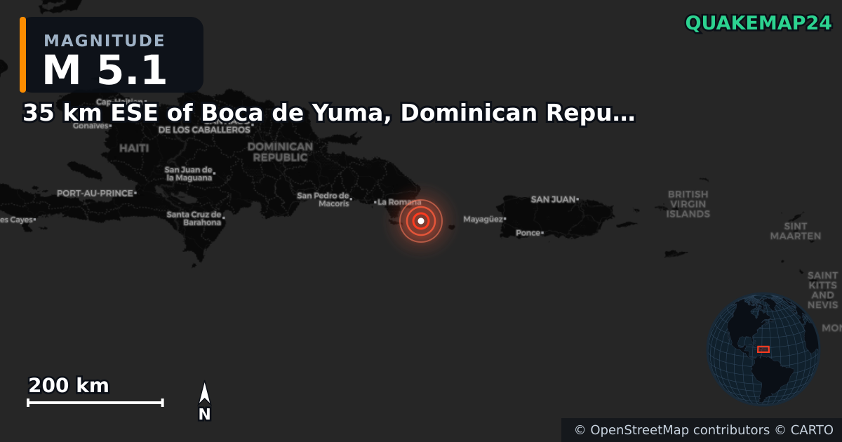 M5.1 earthquake near 35 km ESE of Boca de Yuma, Dominican Republic on Aug 5, 2025 — map of epicenter and shaking intensity | QuakeMap24