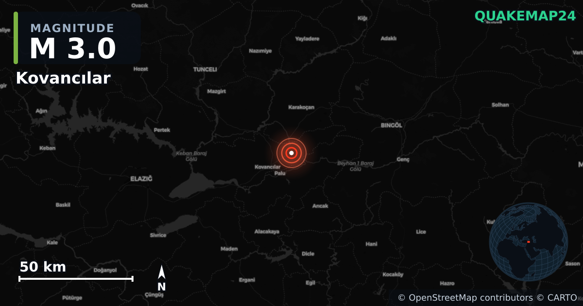 M3.0 earthquake near Kovancılar on Sep 7, 2025 — map of epicenter and shaking intensity | QuakeMap24
