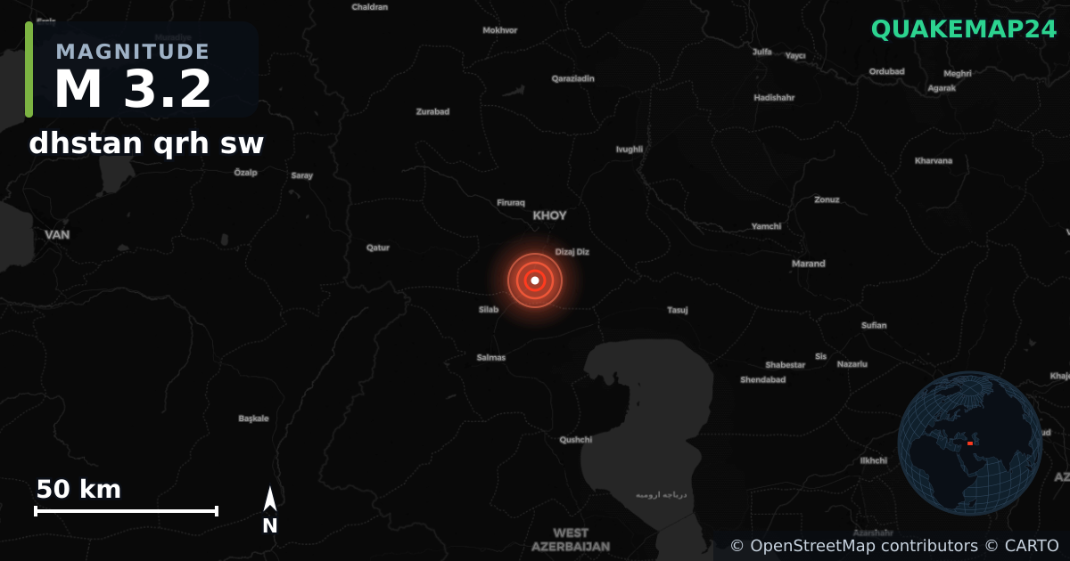 M3.2 earthquake near dhstan qrh sw on Sep 14, 2025 — map of epicenter and shaking intensity | QuakeMap24