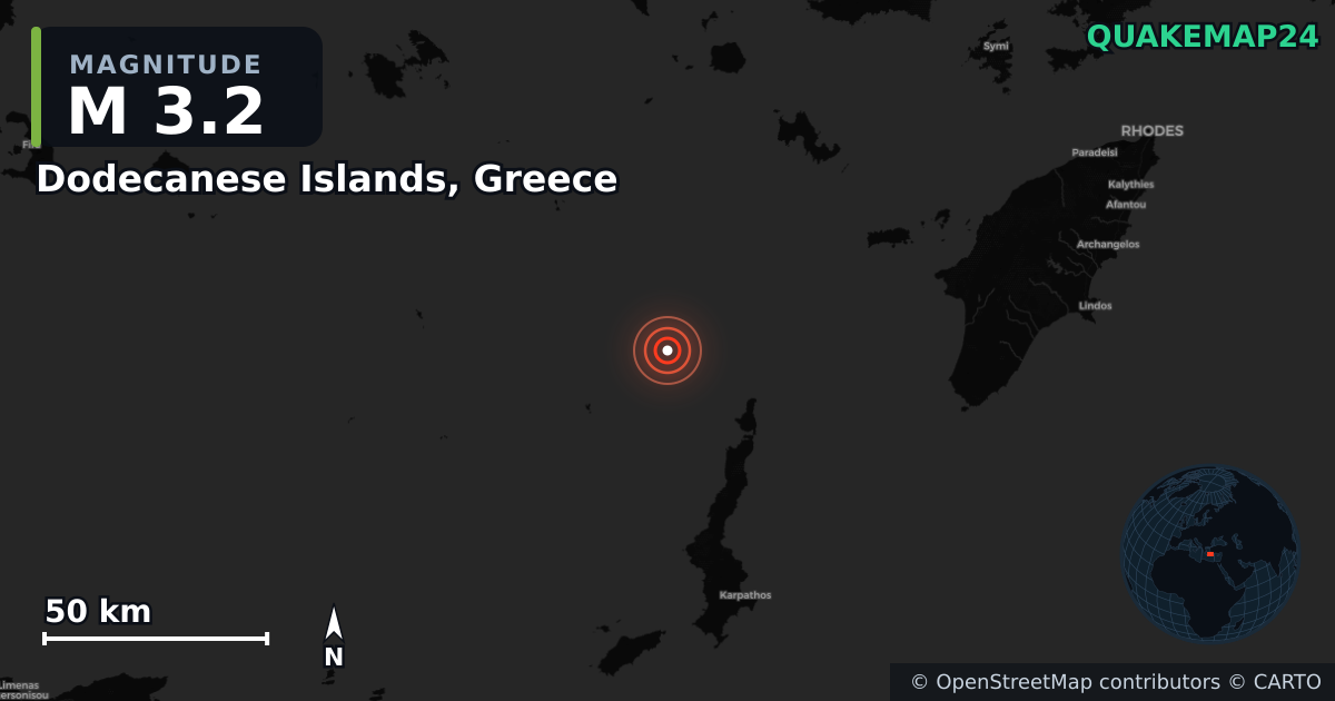 M3.2 earthquake near Dodecanese Islands, Greece on Aug 21, 2025 — map of epicenter and shaking intensity | QuakeMap24