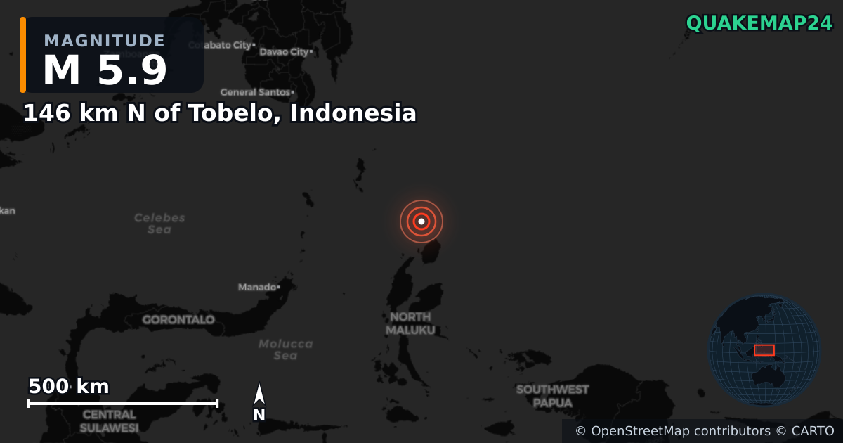 M5.9 earthquake near 146 km N of Tobelo, Indonesia on Feb 3, 2025 — map of epicenter and shaking intensity | QuakeMap24