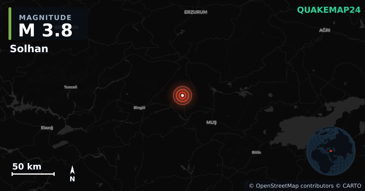 M3.8 earthquake near Solhan on Aug 22, 2025 — map of epicenter and shaking intensity | QuakeMap24