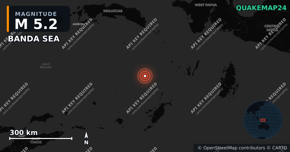 M5.2 earthquake near BANDA SEA on May 2, 2026 — map of epicenter and shaking intensity | QuakeMap24