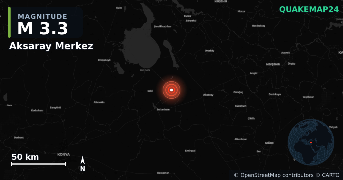 M3.3 earthquake near Aksaray Merkez on Nov 9, 2025 — map of epicenter and shaking intensity | QuakeMap24