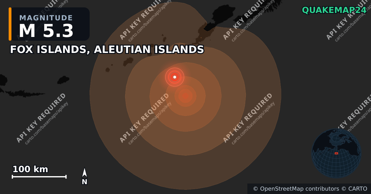 M5.3 earthquake near FOX ISLANDS, ALEUTIAN ISLANDS on Sep 3, 2026 — map of epicenter and shaking intensity | QuakeMap24