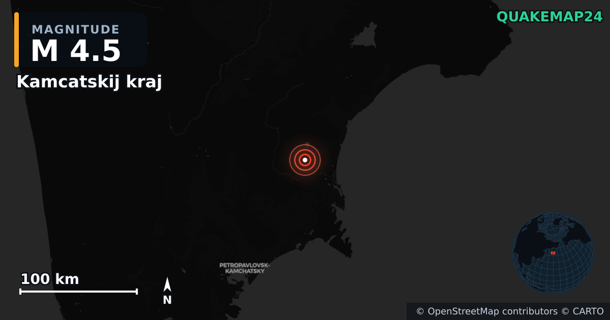 M4.5 earthquake near Kamcatskij kraj on Jun 9, 2025 — map of epicenter and shaking intensity | QuakeMap24