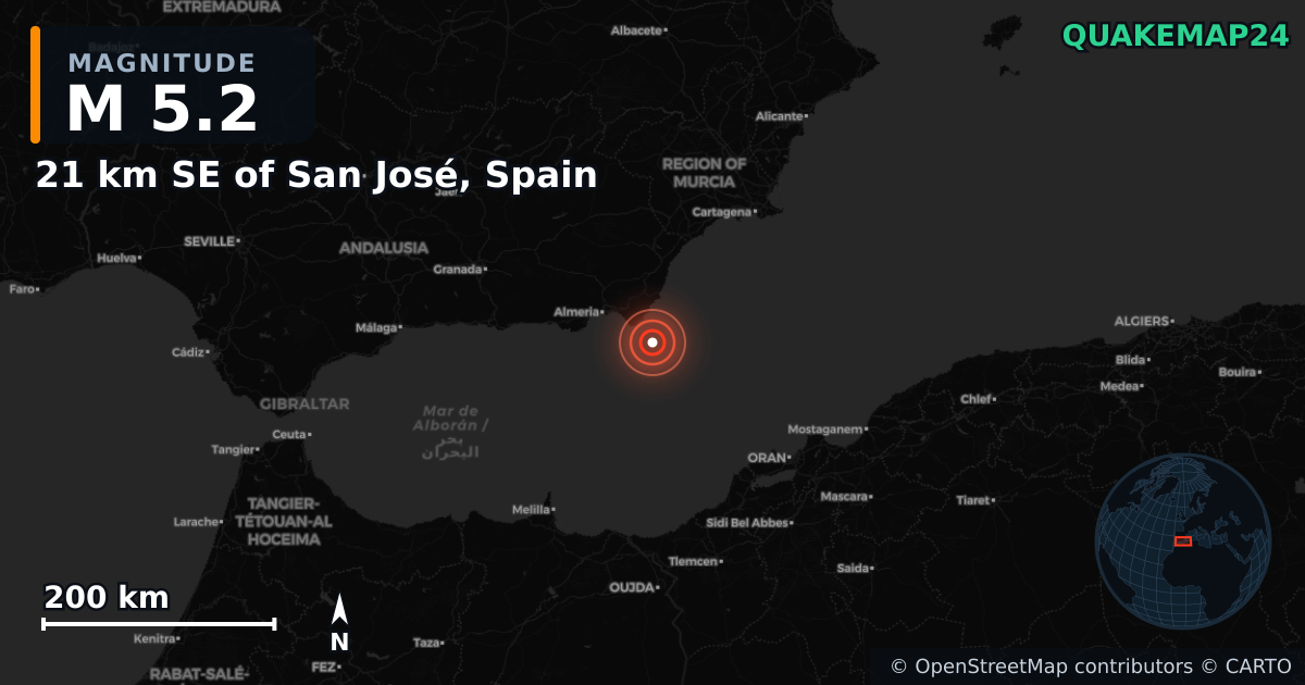 21 km SE of San José, Spain yakınında M5,2 deprem — Deprem merkez üssünün konumunu gösteren harita
