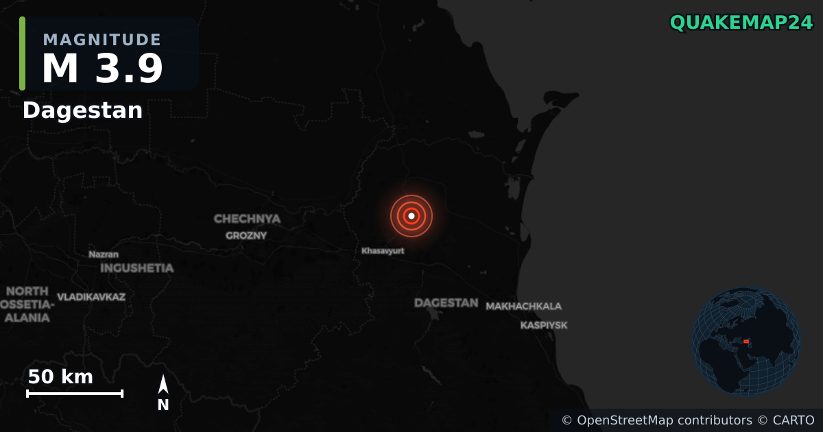 M3.9 earthquake near Dagestan on May 2, 2025 — map of epicenter and shaking intensity | QuakeMap24