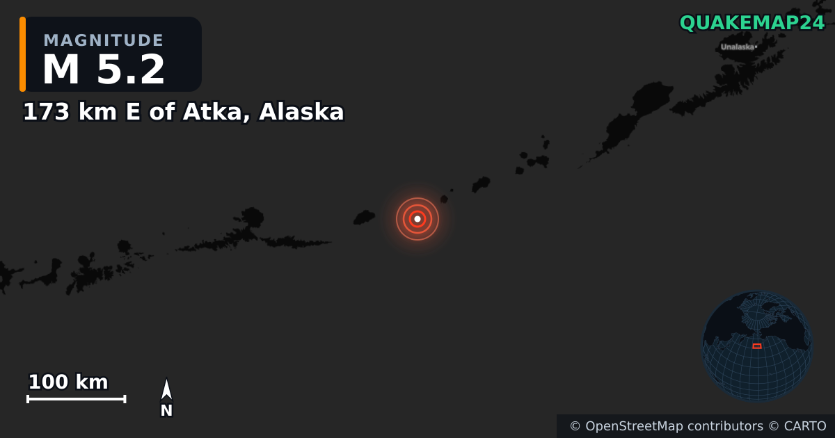 Erdbeben M5,2 bei 173 km E of Atka, Alaska — Karte der Lage des Epizentrums