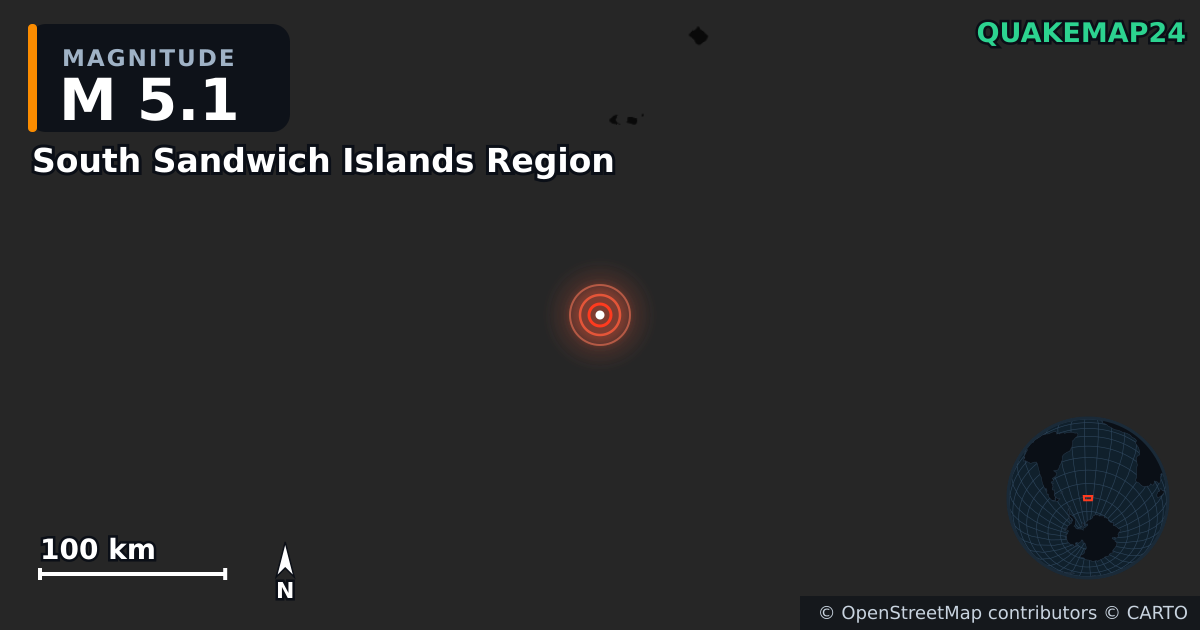 M5.1 earthquake near South Sandwich Islands Region on Mar 20, 2025 — map of epicenter and shaking intensity | QuakeMap24