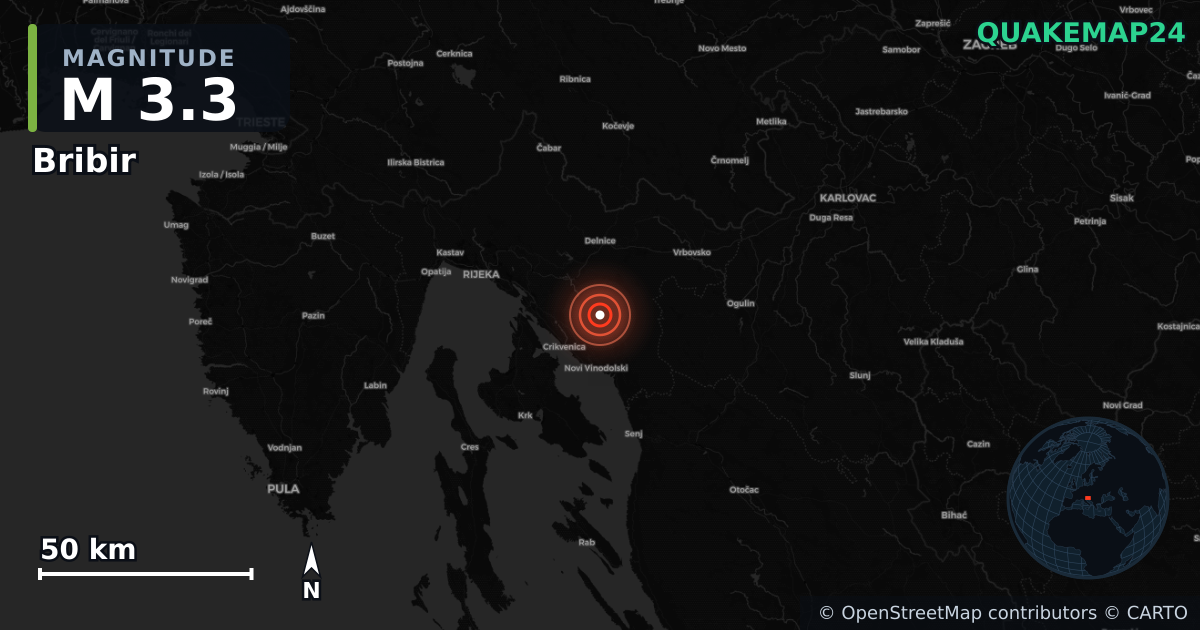 Terremoto de M3,3 cerca de Bribir (Croacia) · 2026-08-06 — Mapa de la ubicación del epicentro