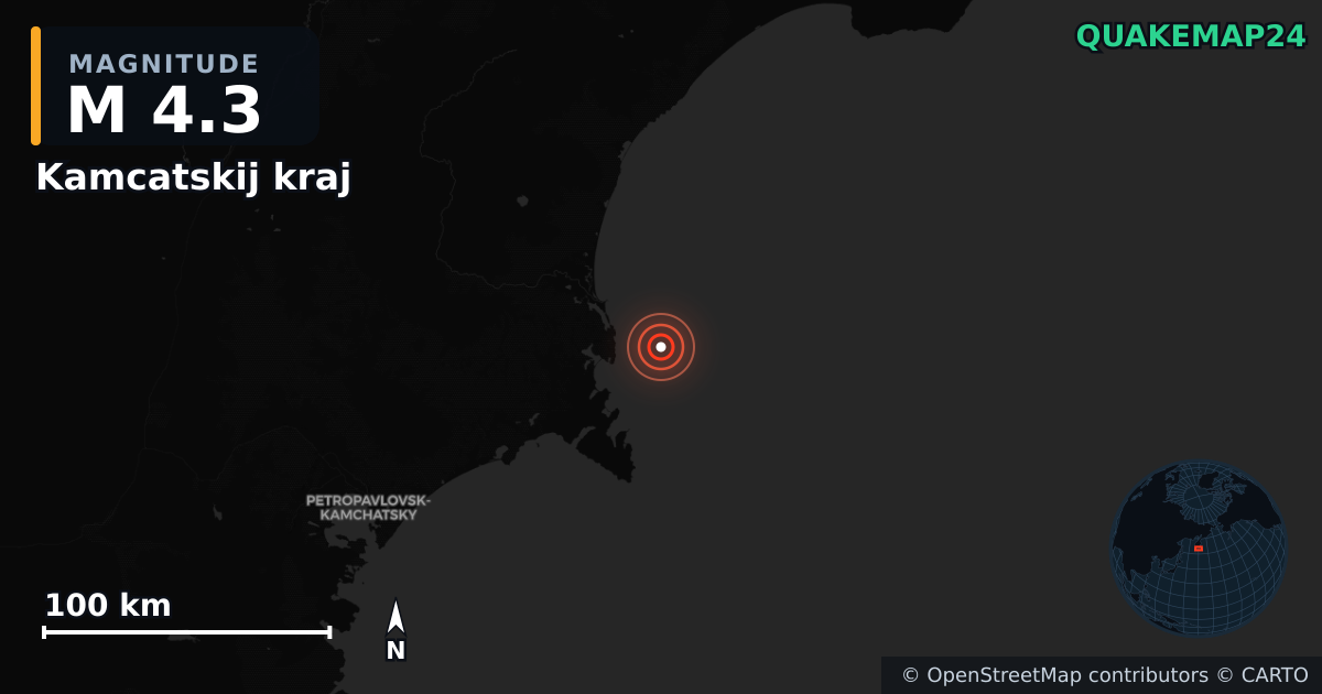 M4.3 earthquake near Kamcatskij kraj on Sep 14, 2025 — map of epicenter and shaking intensity | QuakeMap24