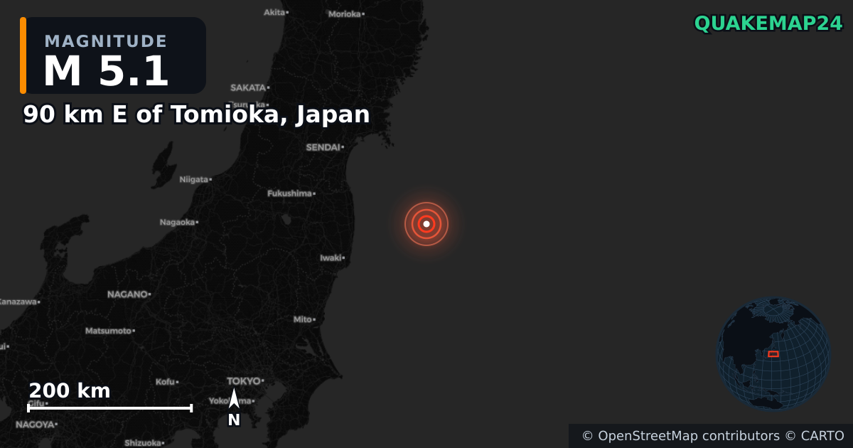 M5.1 earthquake near 90 km E of Tomioka, Japan on Oct 23, 2025 — map of epicenter and shaking intensity | QuakeMap24