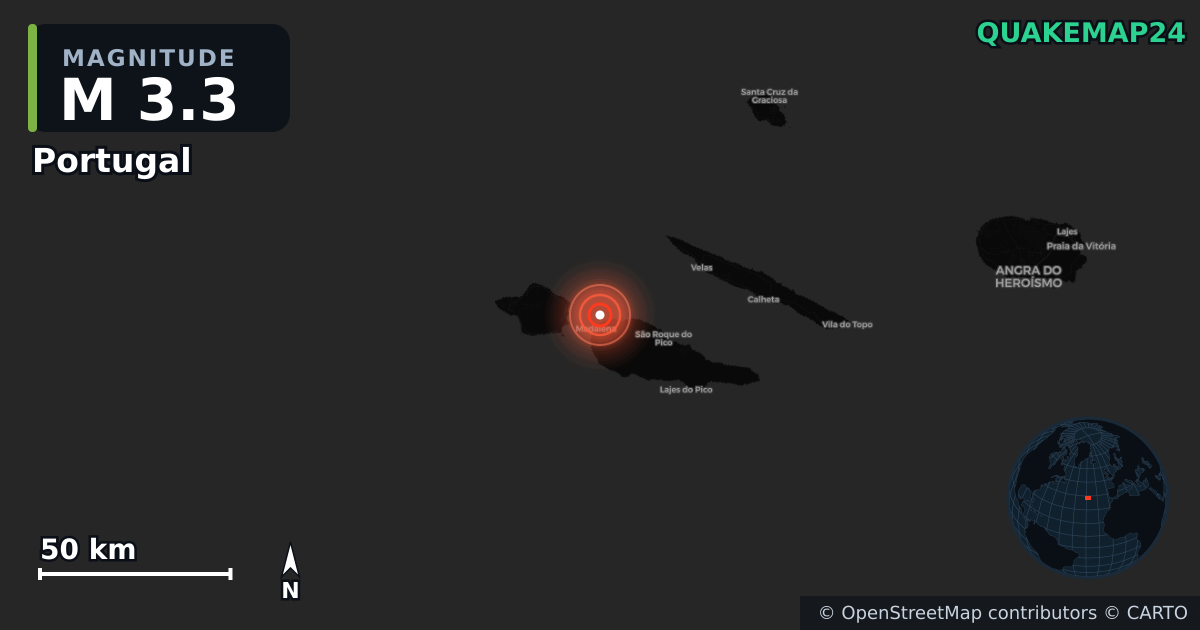 M3.3 earthquake near Portugal on Apr 8, 2026 — map of epicenter and shaking intensity | QuakeMap24