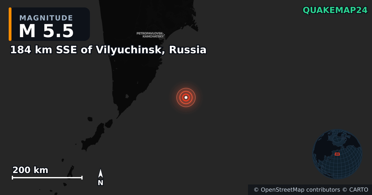 M5.5 earthquake near 184 km SSE of Vilyuchinsk, Russia on Sep 22, 2025 — map of epicenter and shaking intensity | QuakeMap24