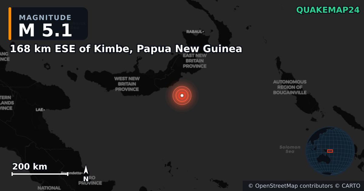 M5.1 earthquake near 168 km ESE of Kimbe, Papua New Guinea on Apr 7, 2025 — map of epicenter and shaking intensity | QuakeMap24