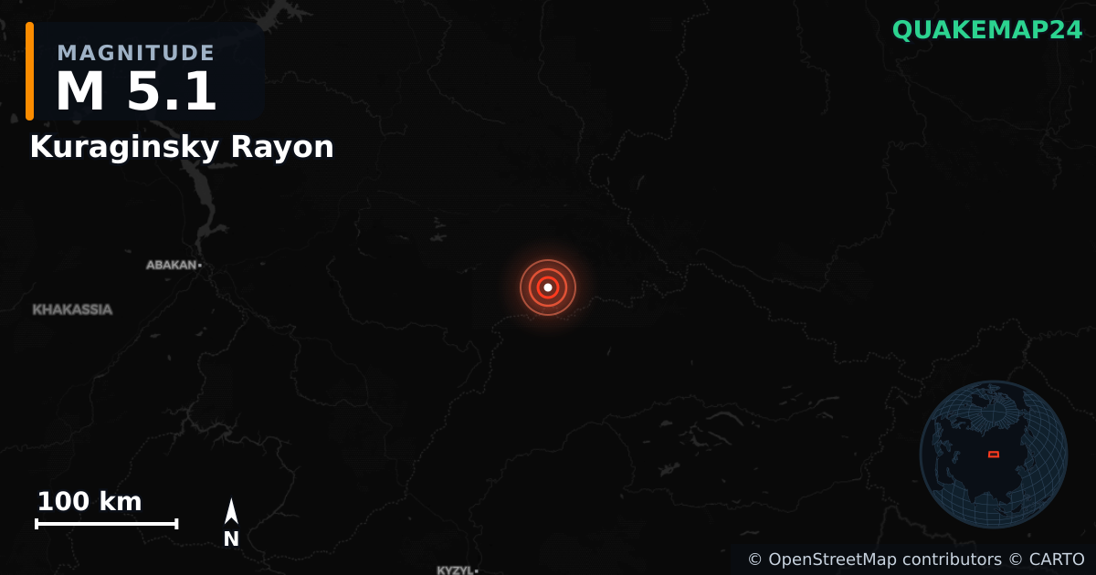 M5.1 earthquake near Kuraginsky Rayon on Jul 15, 2026 — map of epicenter and shaking intensity | QuakeMap24