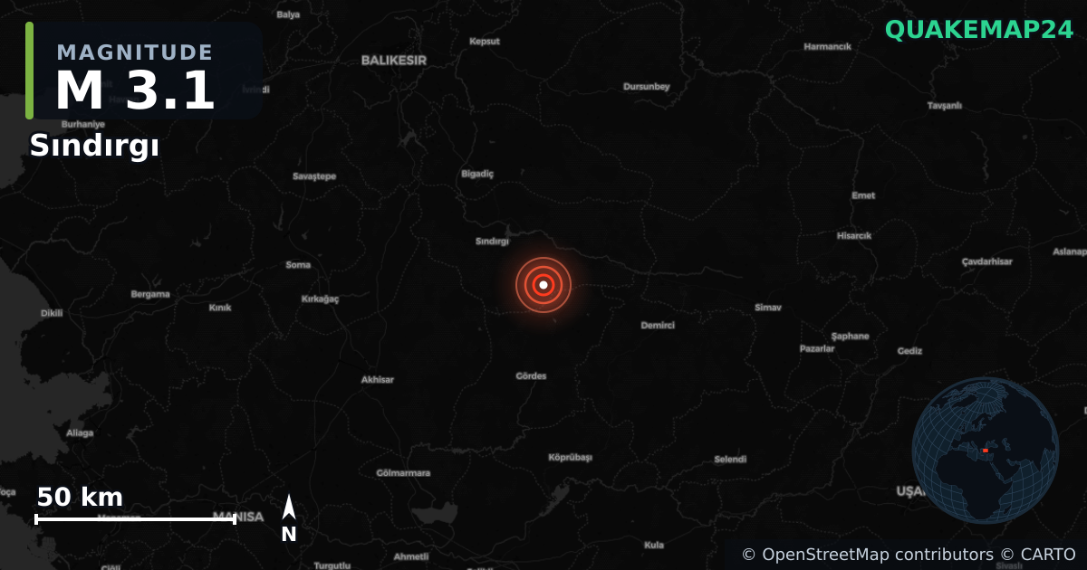 M3.1 earthquake near Sındırgı on Jan 22, 2026 — map of epicenter and shaking intensity | QuakeMap24