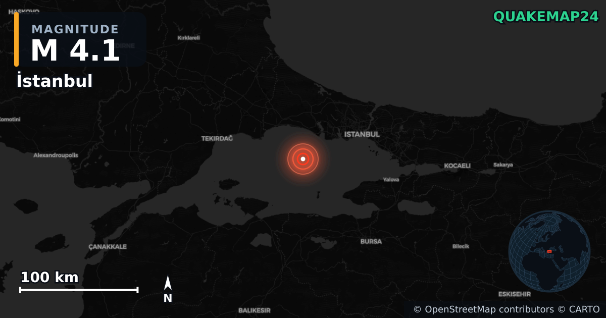 M4.1 earthquake near İstanbul on May 20, 2025 — map of epicenter and shaking intensity | QuakeMap24