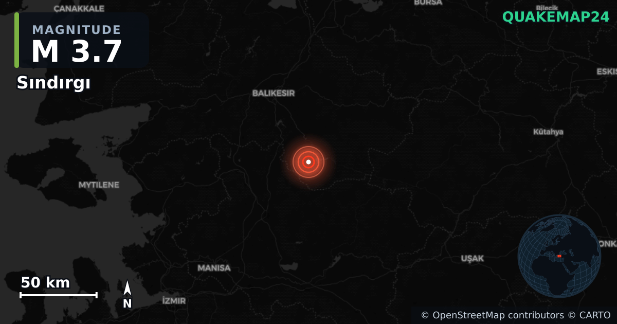 M3.7 earthquake near Sındırgı on Nov 17, 2025 — map of epicenter and shaking intensity | QuakeMap24
