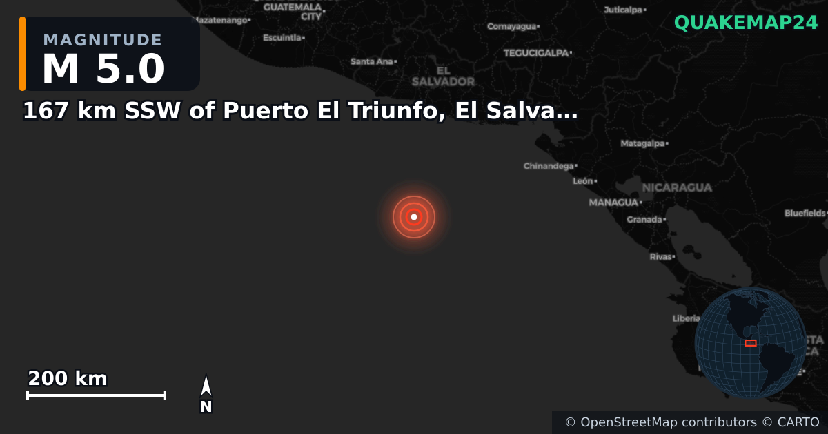 167 km SSW of Puerto El Triunfo, El Salvador yakınında M5,0 deprem — Deprem merkez üssünün konumunu gösteren harita