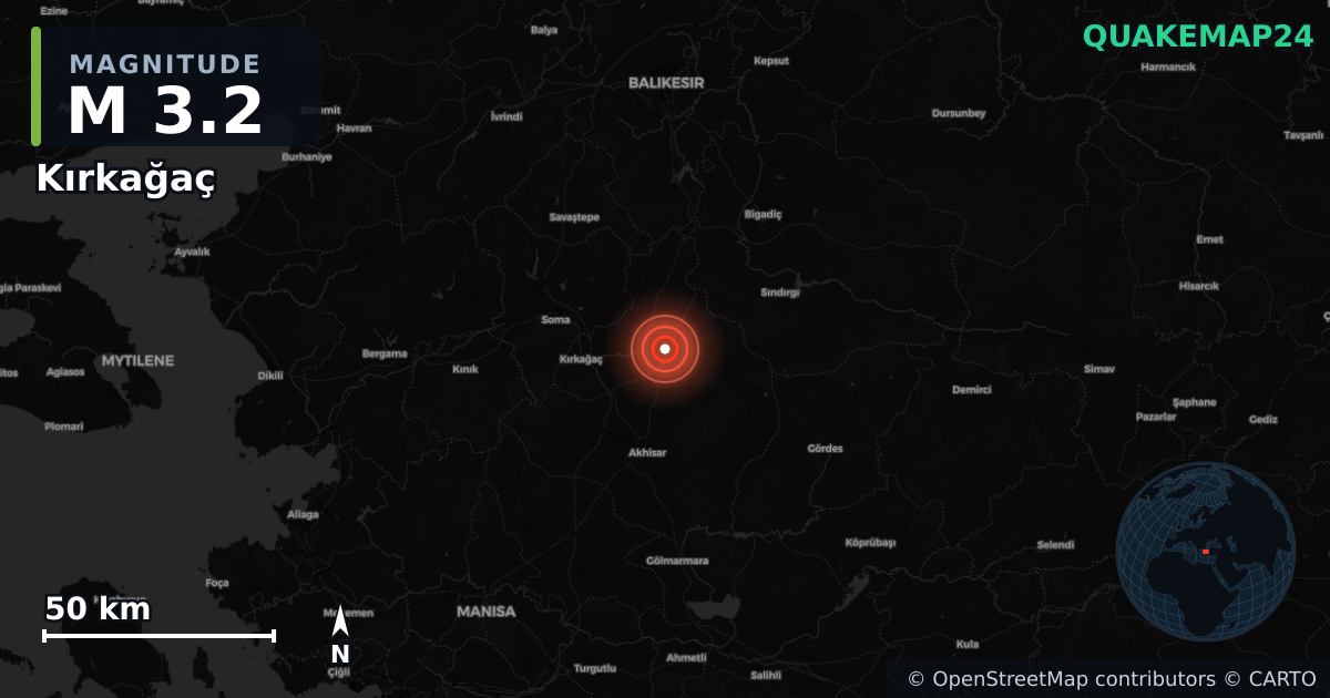 M3.2 earthquake near Kırkağaç on Nov 28, 2025 — map of epicenter and shaking intensity | QuakeMap24