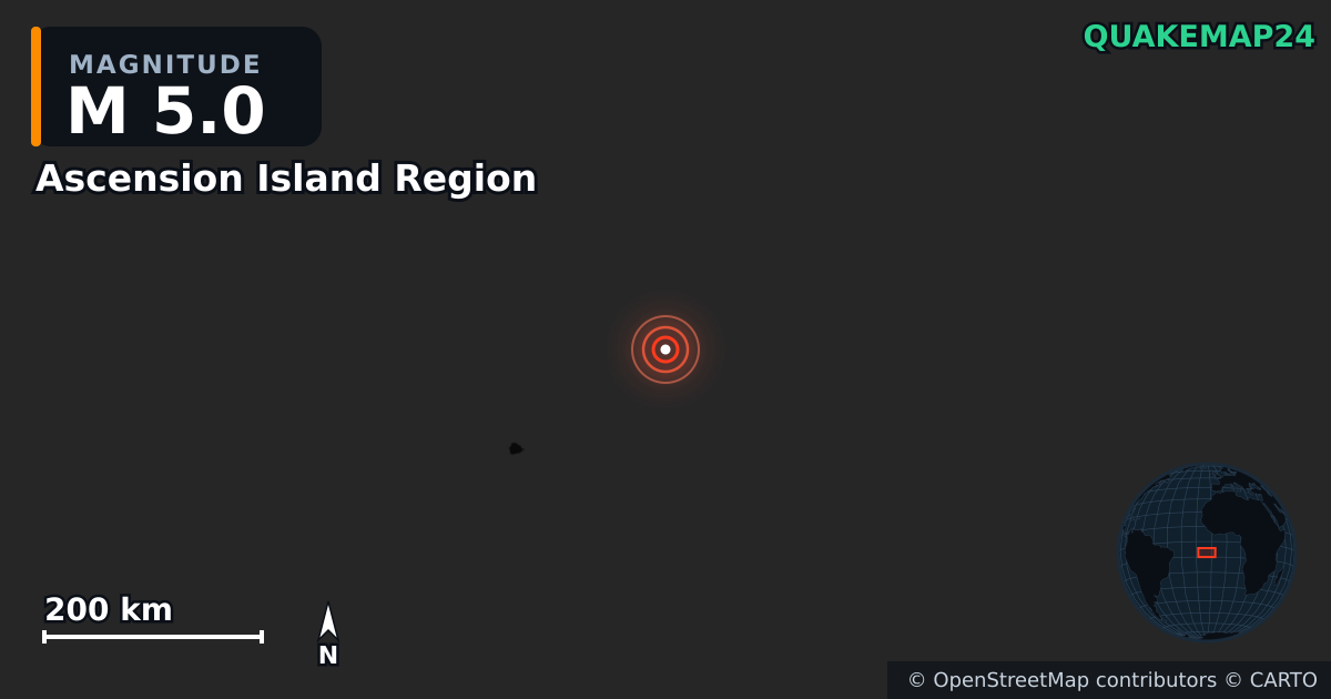 M5.0 earthquake near Ascension Island Region on May 19, 2025 — map of epicenter and shaking intensity | QuakeMap24