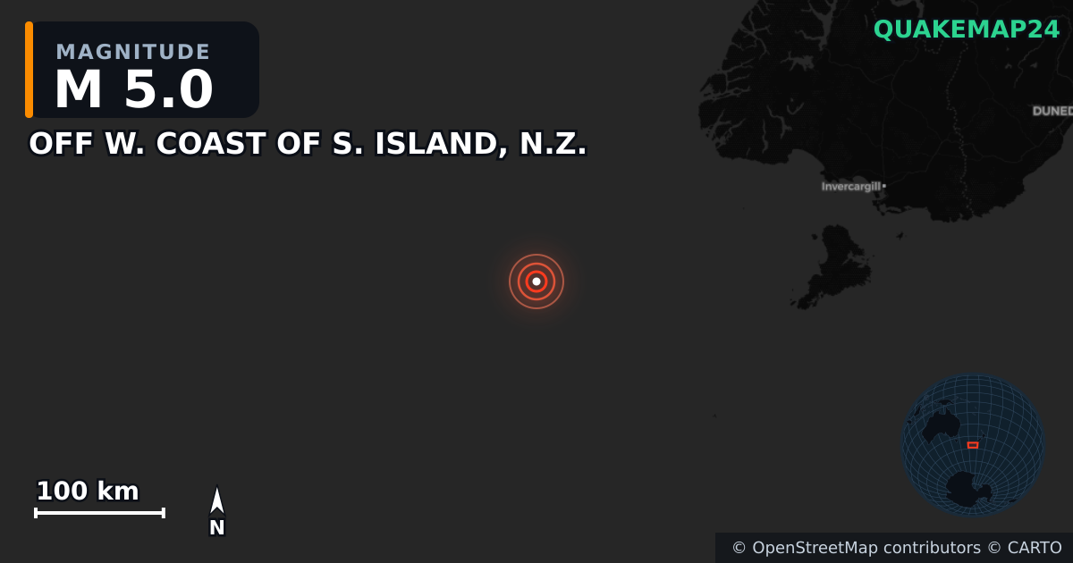 Erdbeben M5,0 bei OFF W. COAST OF S. ISLAND, N.Z. — Karte der Lage des Epizentrums