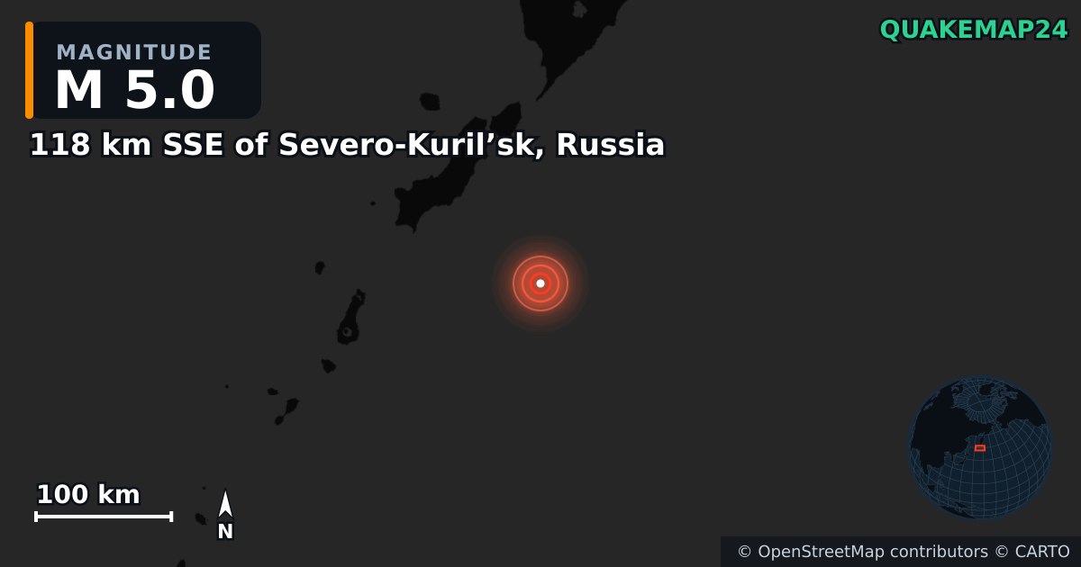 M5.0 earthquake near 118 km SSE of Severo-Kuril’sk, Russia on Aug 4, 2025 — map of epicenter and shaking intensity | QuakeMap24