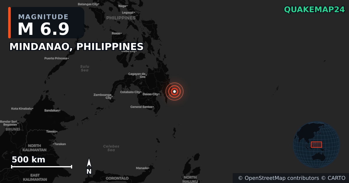 M6.9 earthquake near MINDANAO, PHILIPPINES on Oct 10, 2025 — map of epicenter and shaking intensity | QuakeMap24