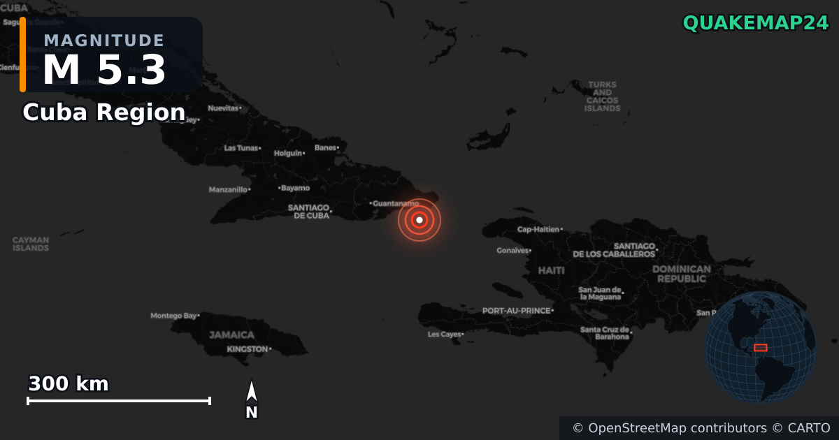 M5.3 earthquake near Cuba Region on Mar 6, 2026 — map of epicenter and shaking intensity | QuakeMap24