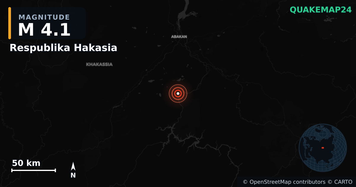 M4.1 earthquake near Respublika Hakasia on Oct 20, 2025 — map of epicenter and shaking intensity | QuakeMap24
