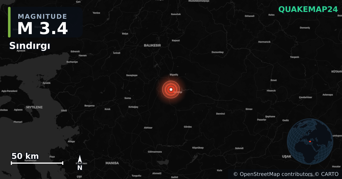 M3.4 earthquake near Sındırgı on Aug 21, 2025 — map of epicenter and shaking intensity | QuakeMap24