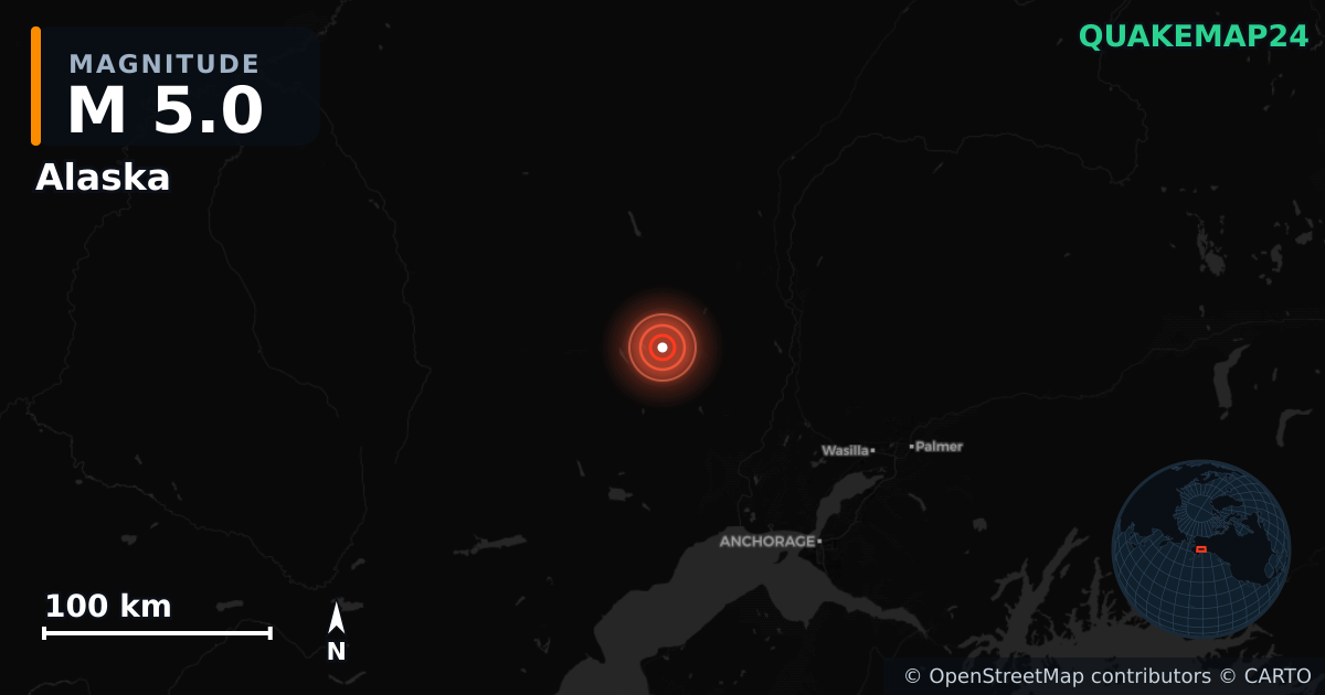 M5.0 earthquake near Alaska on Oct 24, 2025 — map of epicenter and shaking intensity | QuakeMap24