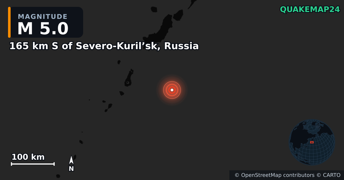 M5.0 earthquake near 165 km S of Severo-Kuril’sk, Russia on Jan 10, 2026 — map of epicenter and shaking intensity | QuakeMap24