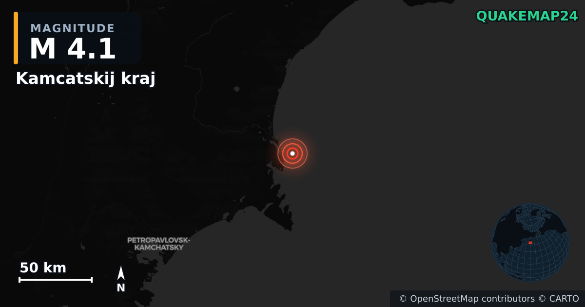 M4.1 earthquake near Kamcatskij kraj on Sep 13, 2025 — map of epicenter and shaking intensity | QuakeMap24