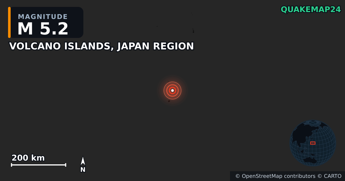 M5.2 earthquake near VOLCANO ISLANDS, JAPAN REGION on May 14, 2026 — map of epicenter and shaking intensity | QuakeMap24