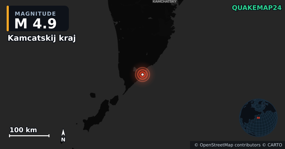 M4.9 earthquake near Kamcatskij kraj on Apr 9, 2026 — map of epicenter and shaking intensity | QuakeMap24