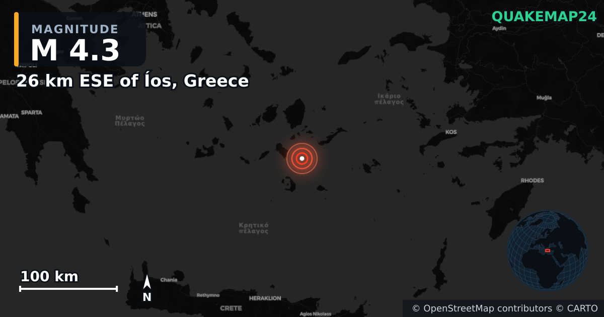 M4.3 earthquake near 26 km ESE of Íos, Greece on Feb 9, 2025 — map of epicenter and shaking intensity | QuakeMap24