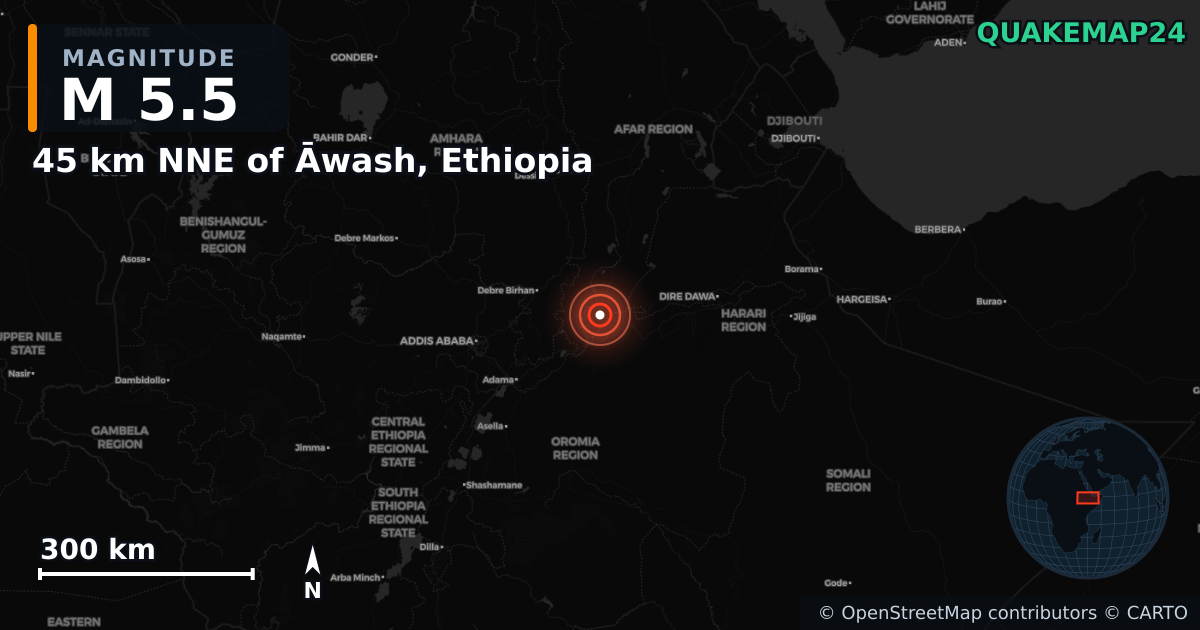 M5.5 earthquake near 45 km NNE of Āwash, Ethiopia on Jan 3, 2025 — map of epicenter and shaking intensity | QuakeMap24