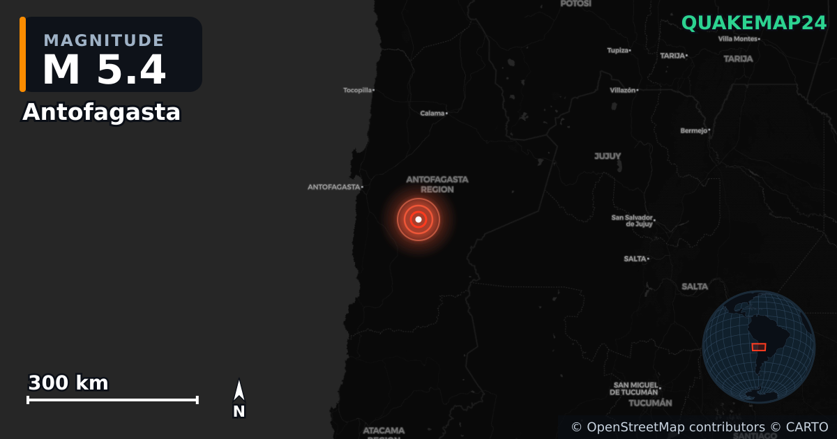 M5.4 earthquake near Antofagasta on Jul 17, 2025 — map of epicenter and shaking intensity | QuakeMap24