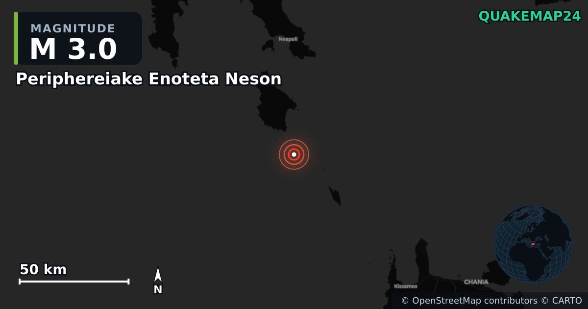 M3.0 earthquake near Periphereiake Enoteta Neson on Jan 19, 2026 — map of epicenter and shaking intensity | QuakeMap24