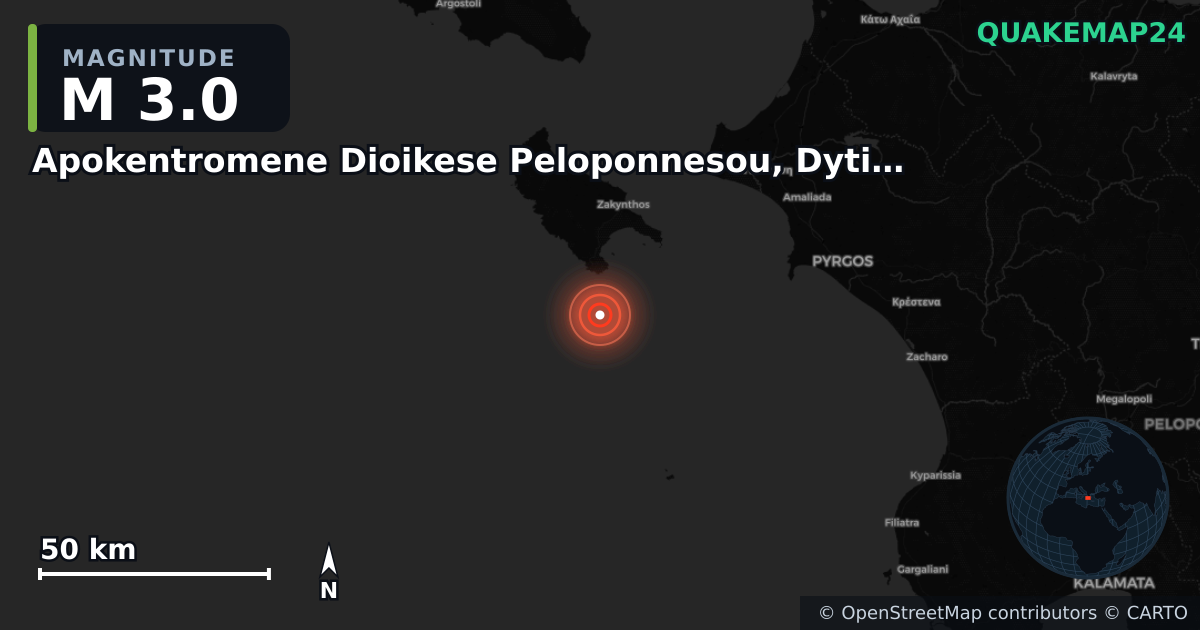 M3.0 earthquake near Apokentromene Dioikese Peloponnesou, Dytikes Elladas kai Ioniou on Nov 24, 2025 — map of epicenter and shaking intensity | QuakeMap24