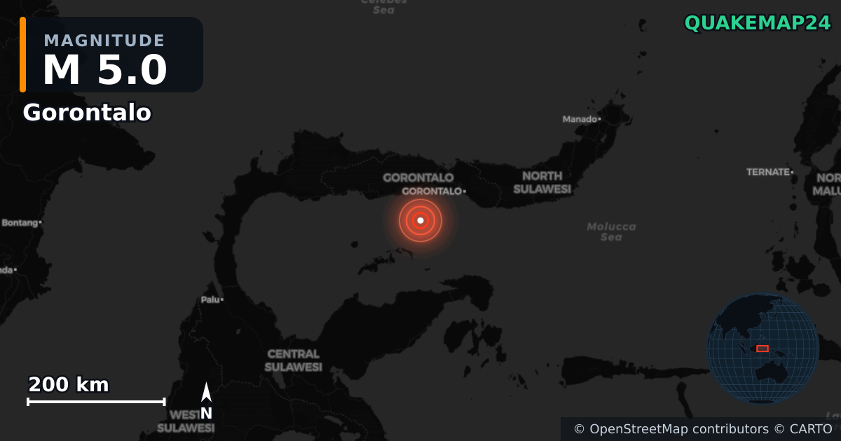 M5.0 earthquake near Gorontalo on Feb 25, 2026 — map of epicenter and shaking intensity | QuakeMap24