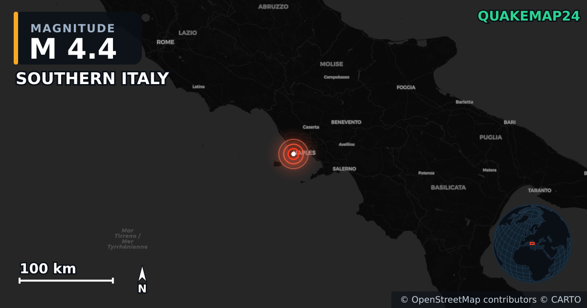 M4.4 earthquake near SOUTHERN ITALY on May 13, 2025 — map of epicenter and shaking intensity | QuakeMap24