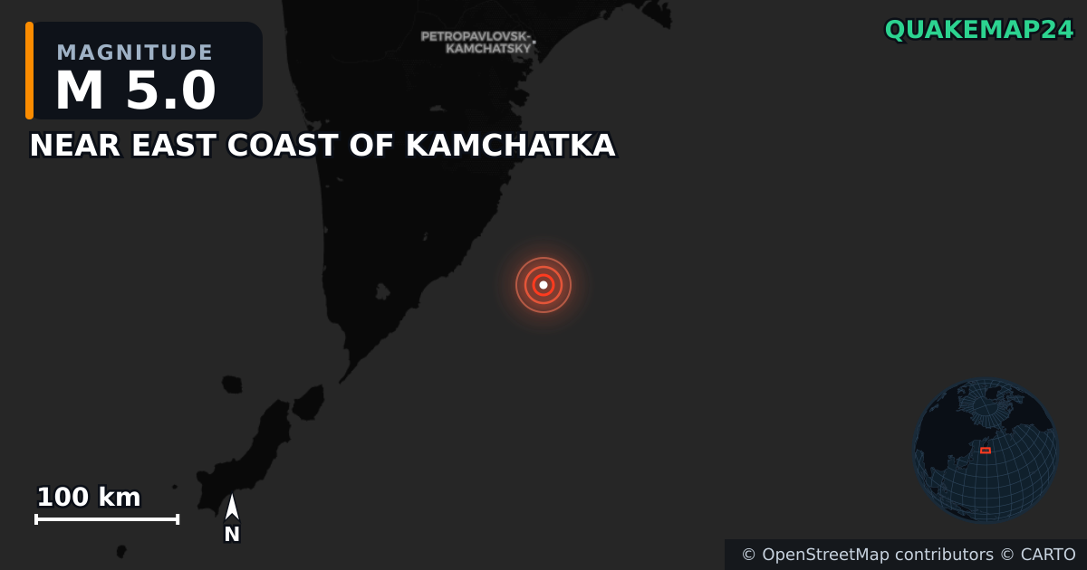 M5.0 earthquake near NEAR EAST COAST OF KAMCHATKA on Jan 10, 2026 — map of epicenter and shaking intensity | QuakeMap24