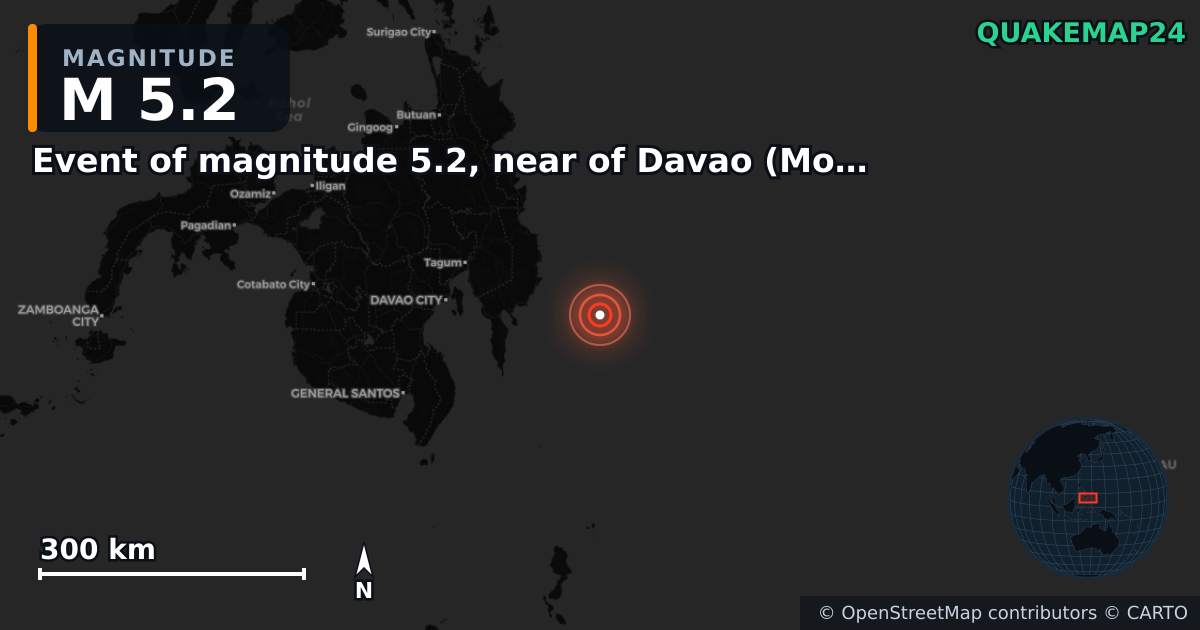 M5.2 earthquake near Event of magnitude 5.2, near of Davao (Monde) on Oct 10, 2025 — map of epicenter and shaking intensity | QuakeMap24
