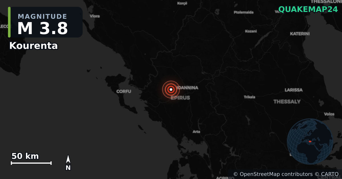 M3.8 earthquake near Kourenta on Aug 14, 2026 — map of epicenter and shaking intensity | QuakeMap24