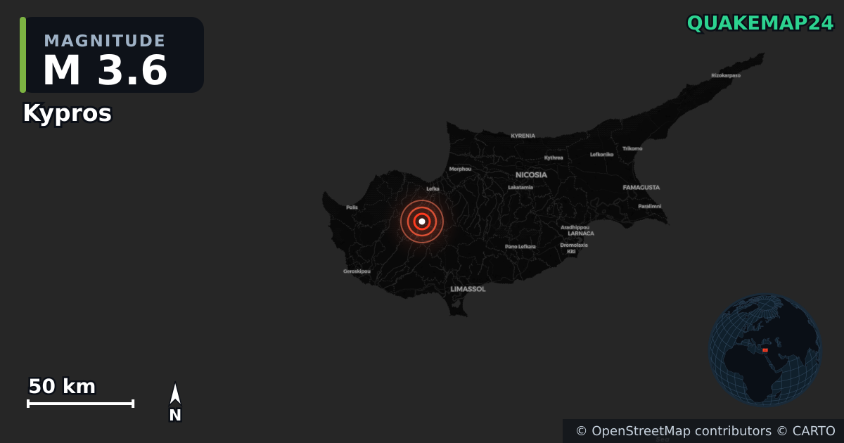 M3.6 earthquake near Kypros on Nov 12, 2025 — map of epicenter and shaking intensity | QuakeMap24