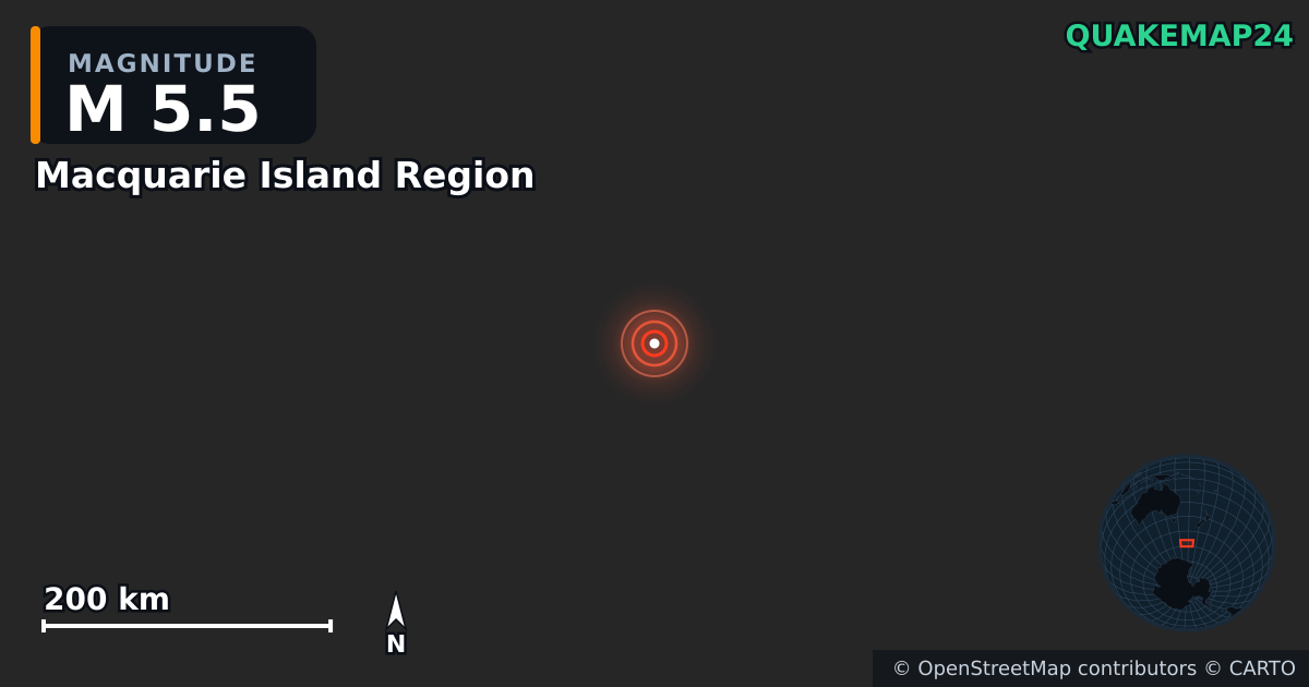 M5.5 Earthquake near Macquarie Island Region · 2025-07-29 — Map showing the location of the epicenter